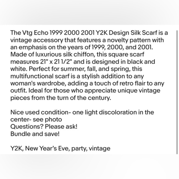 Vtg Echo 1999 2000 2001 Y2K Design Silk Scarf 21" x 21 1/2" Square Black White* - Picture 10 of 10